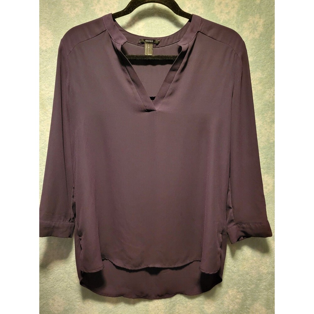 Forever 21 Women Sm Blouse Eggplant Shirt Top Business Sheer Casual Layer V-neck